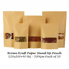 Brown Kraft Paper Stand up Pouch 120x200+40 BG 200g Pack of 20 W